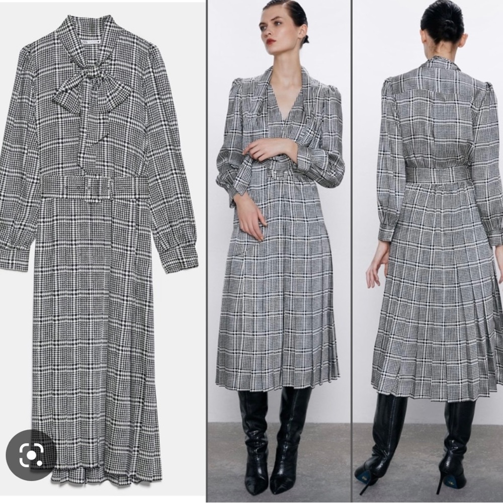 ZARA Houndstooth Printed Midi Dress NWT